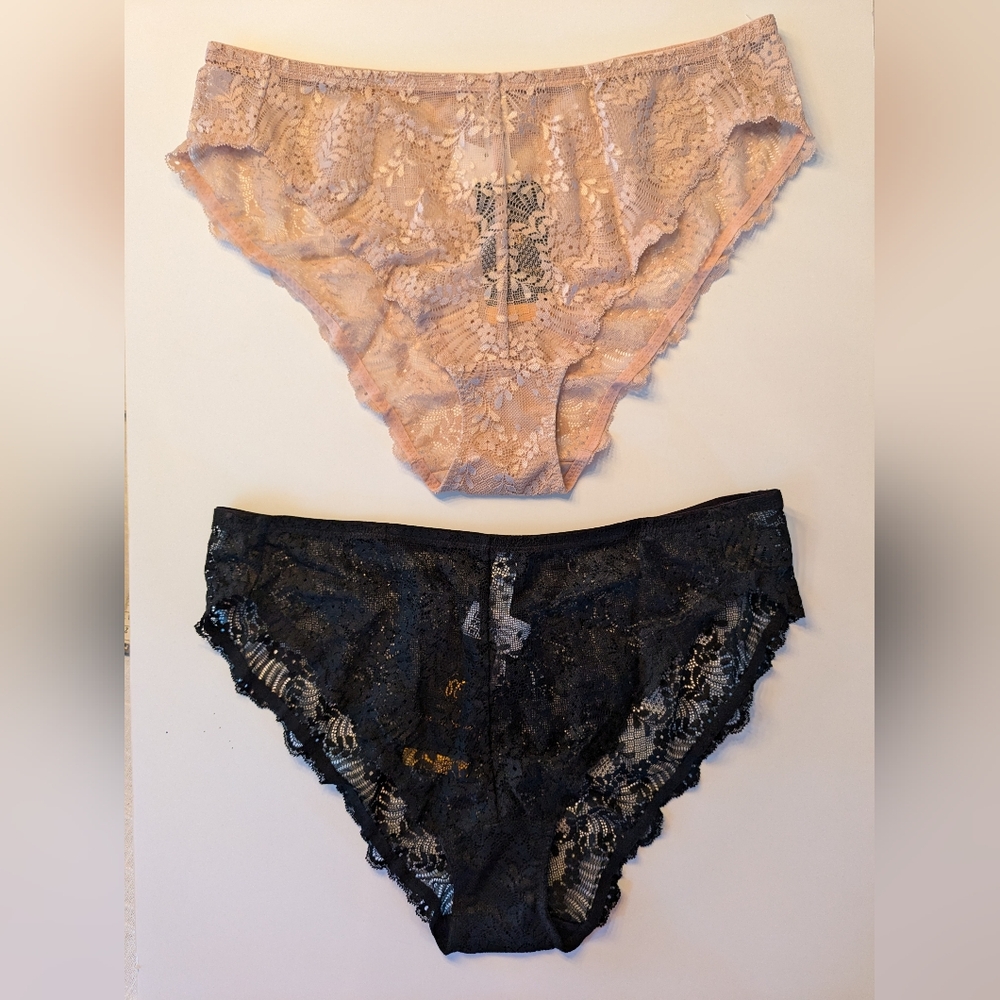 WingsLove sheer stretch lace panties, black and nude, size large, NWT